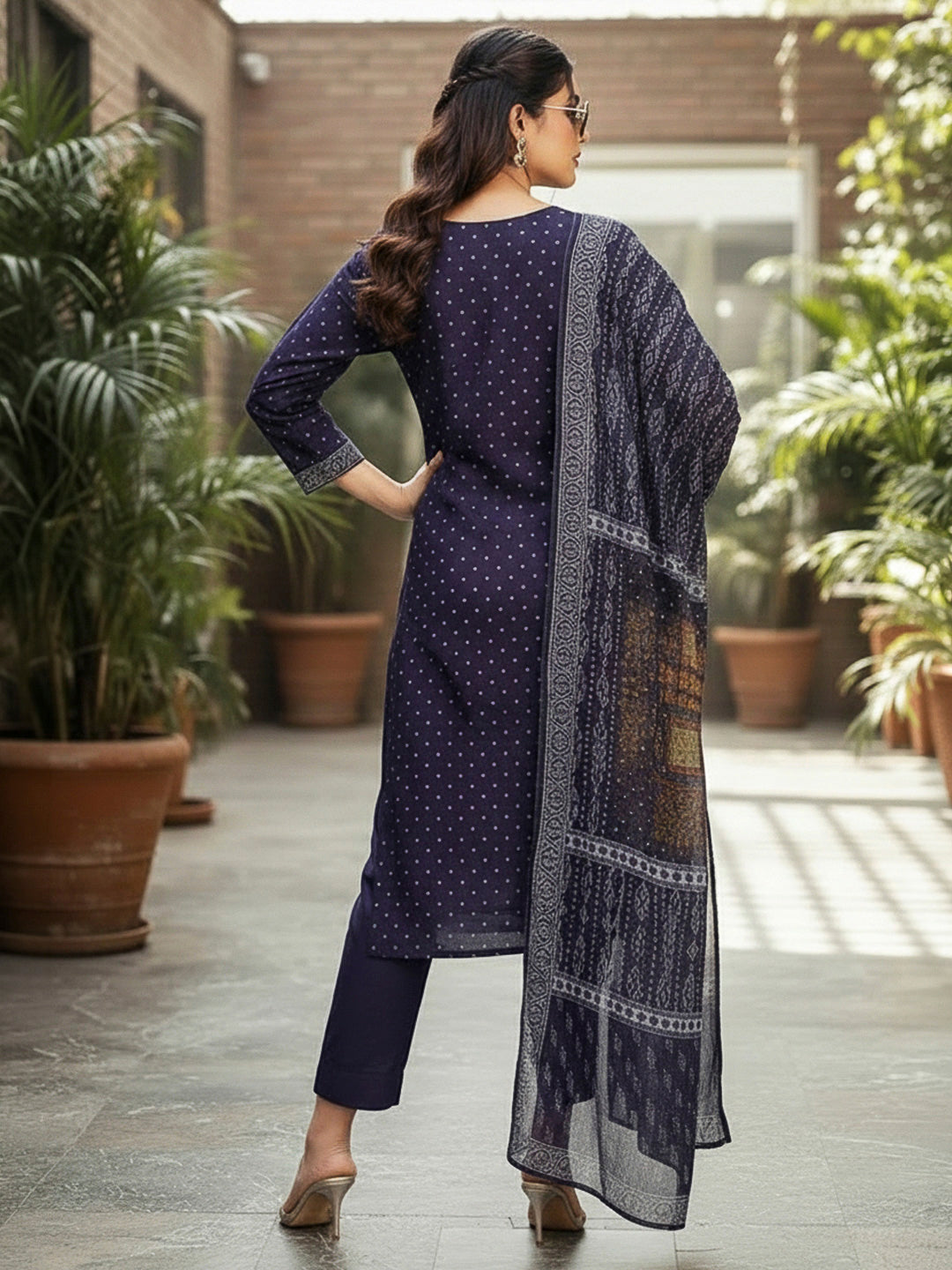 Blue Embroidered Cotton Blend Kurta With Pant & Dupatta