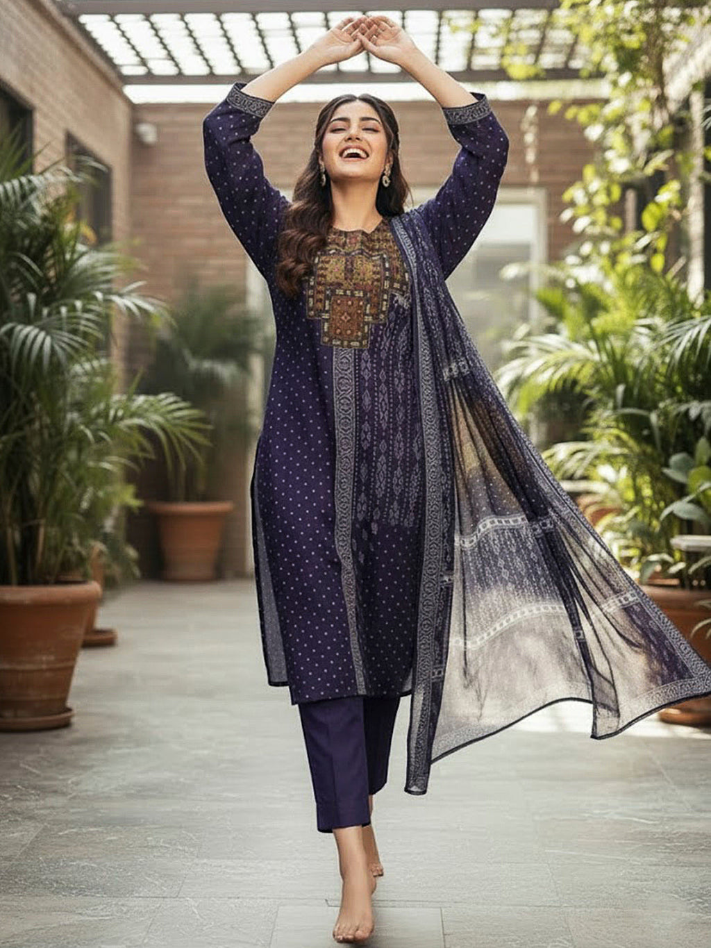 Blue Embroidered Cotton Blend Kurta With Pant & Dupatta