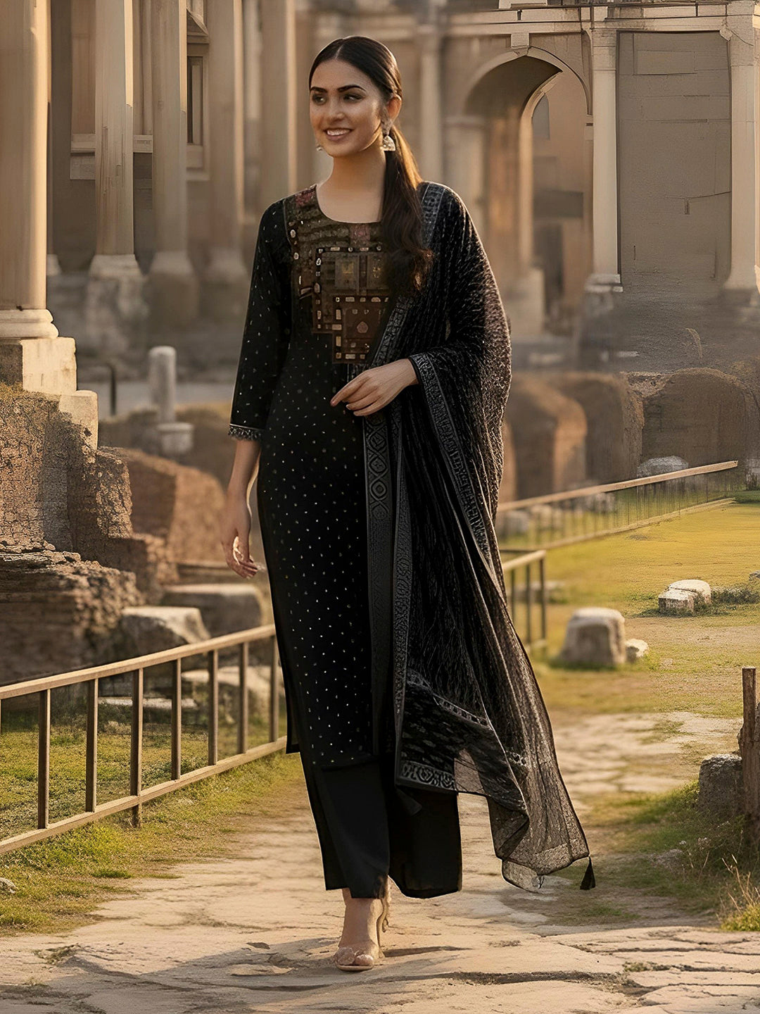 Black Embroidered Cotton Blend Kurta With Pant & Dupatta