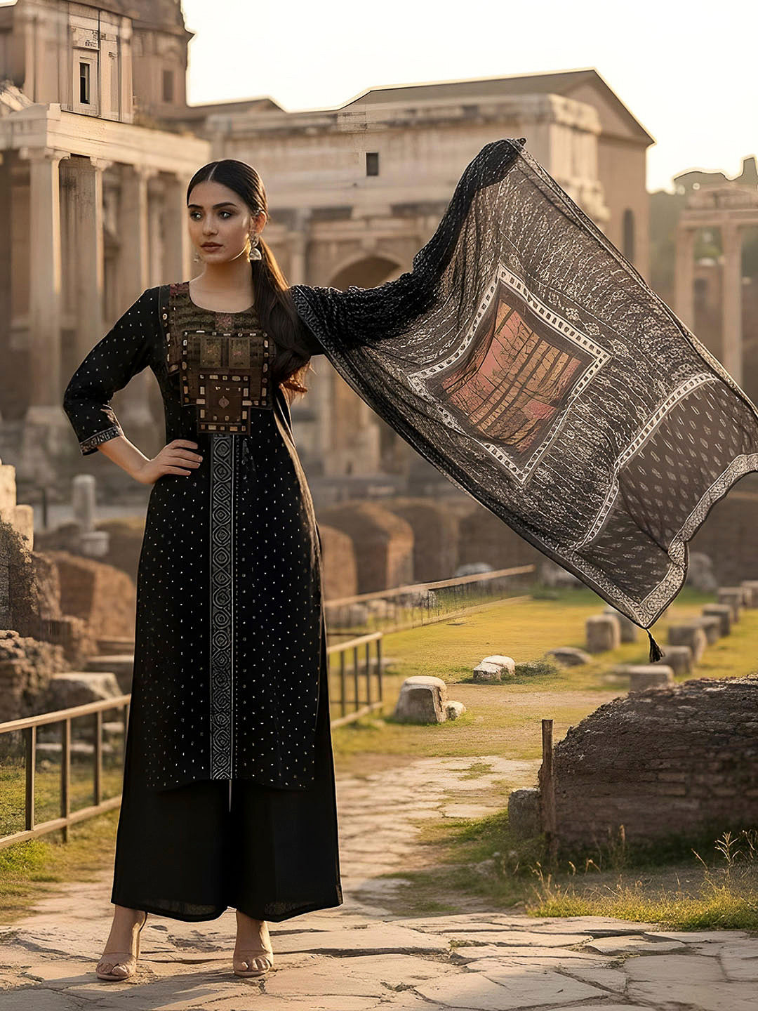 Black Embroidered Cotton Blend Kurta With Pant & Dupatta