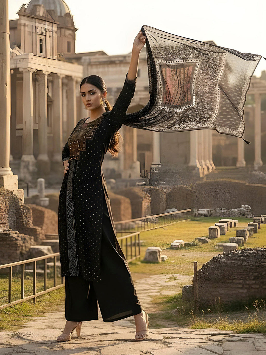 Black Embroidered Cotton Blend Kurta With Pant & Dupatta