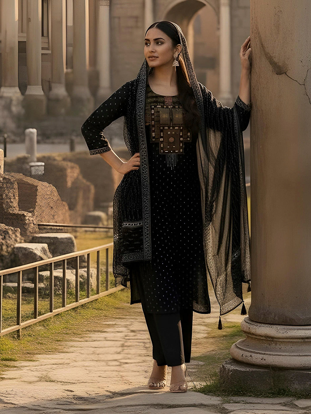 Black Embroidered Cotton Blend Kurta With Pant & Dupatta