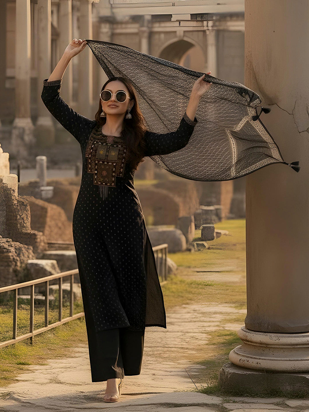 Black Embroidered Cotton Blend Kurta With Pant & Dupatta