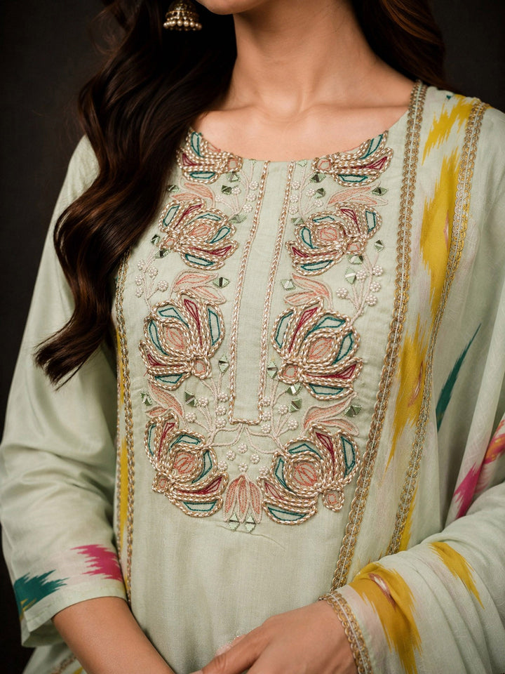 Lemon-Green Embroidery Cotton BlendKurta With Pant &amp; Dupatta