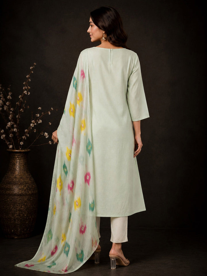 Lemon-Green Embroidery Cotton BlendKurta With Pant &amp; Dupatta