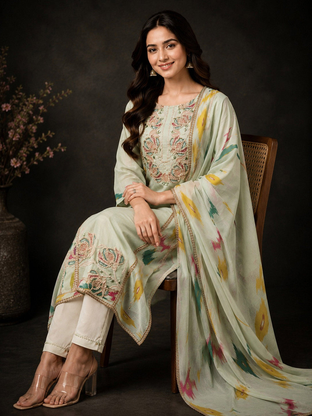 Lemon-Green Embroidery Cotton BlendKurta With Pant &amp; Dupatta