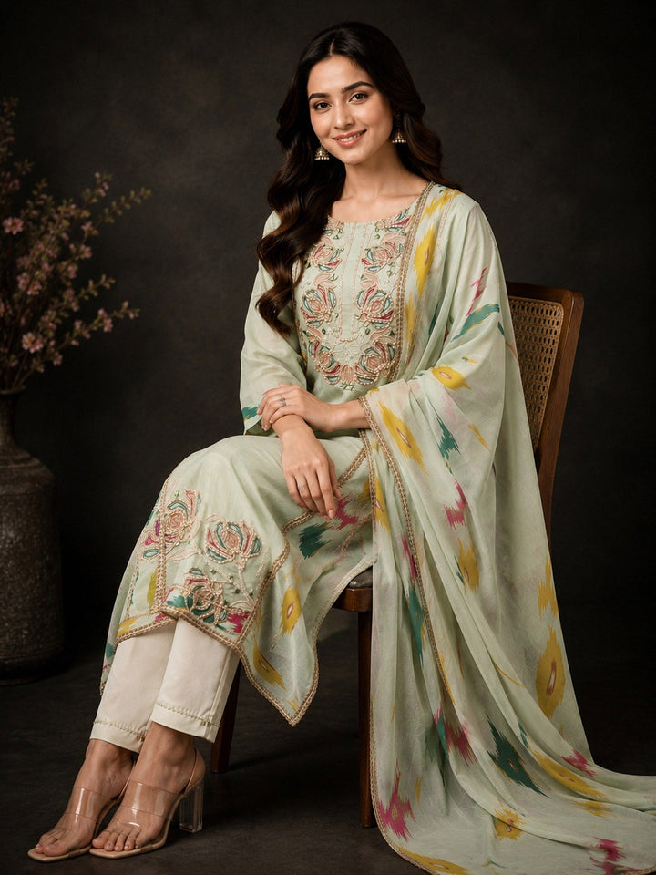 Lemon-Green Embroidery Cotton BlendKurta With Pant &amp; Dupatta