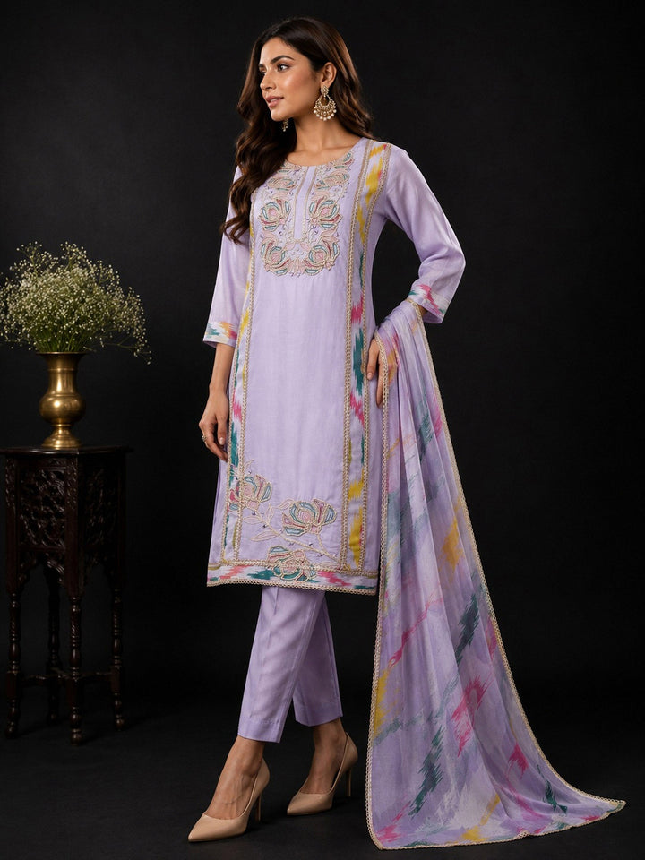 Purple Embroidery Cotton BlendKurta With Pant &amp; Dupatta