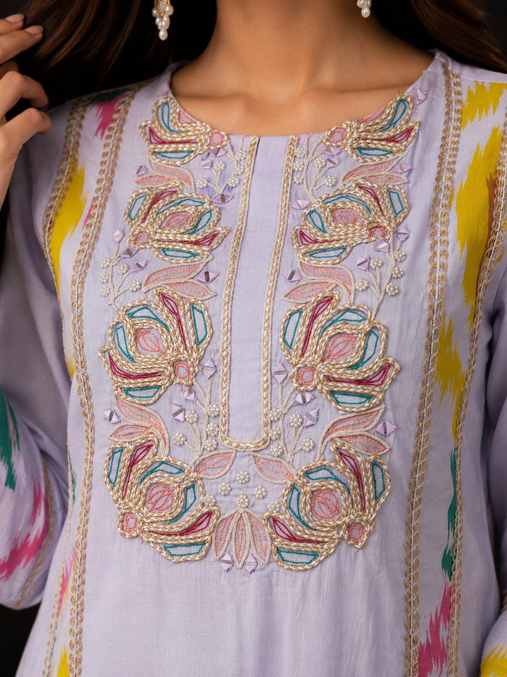 Purple Embroidery Cotton BlendKurta With Pant &amp; Dupatta