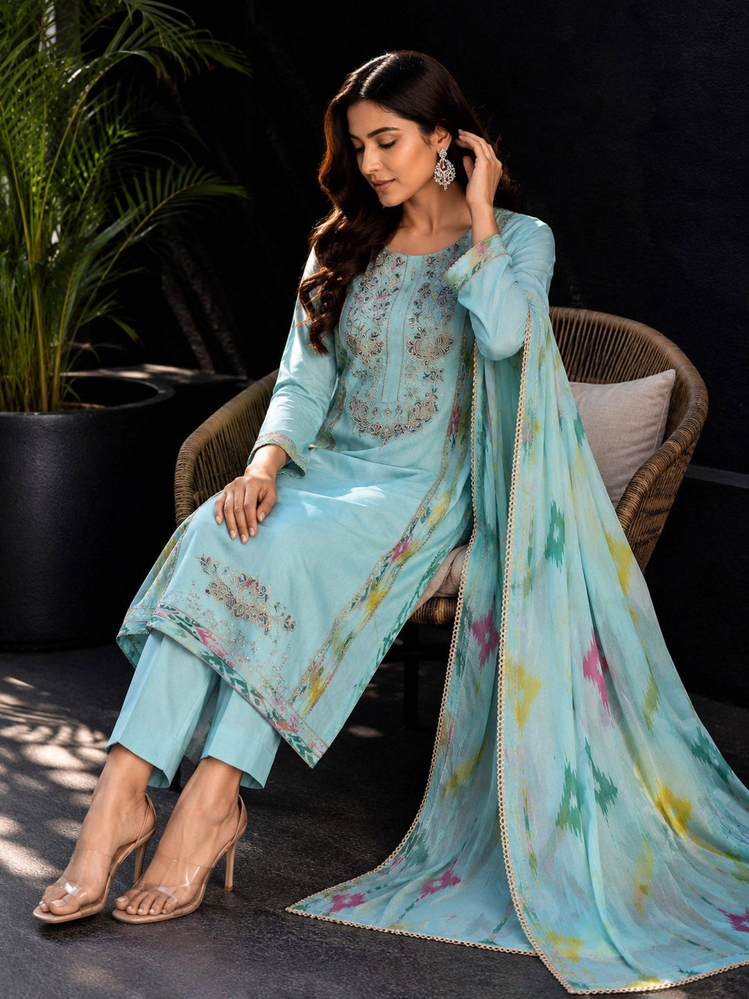 Sky-Blue Embroidery Cotton BlendKurta With Pant &amp; Dupatta