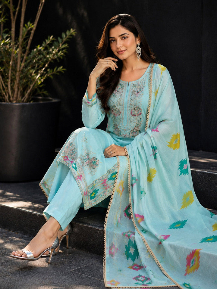Sky-Blue Embroidery Cotton BlendKurta With Pant &amp; Dupatta