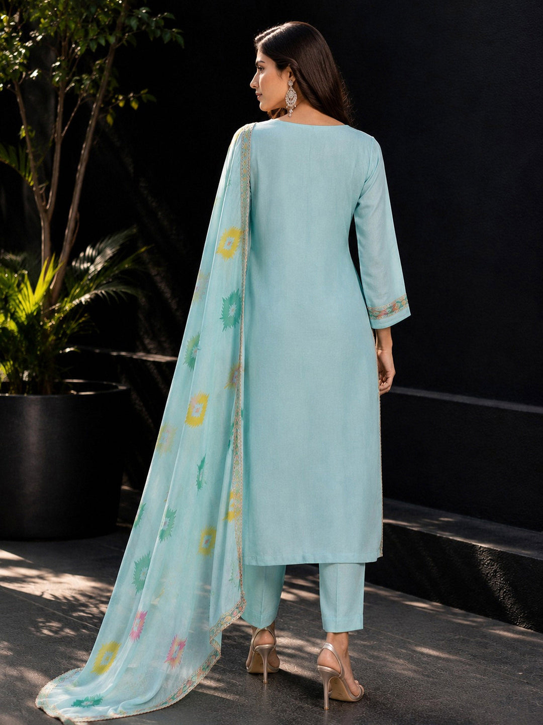 Sky-Blue Embroidery Cotton BlendKurta With Pant &amp; Dupatta