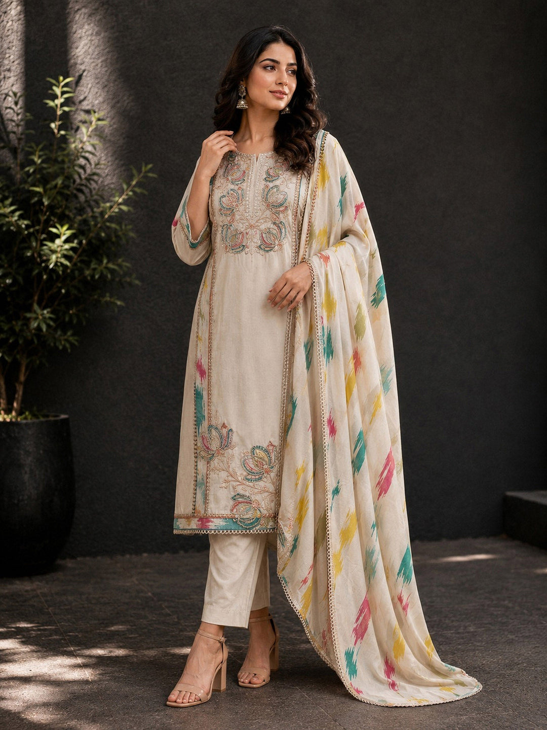 Beige Embroidery Cotton BlendKurta With Pant &amp; Dupatta