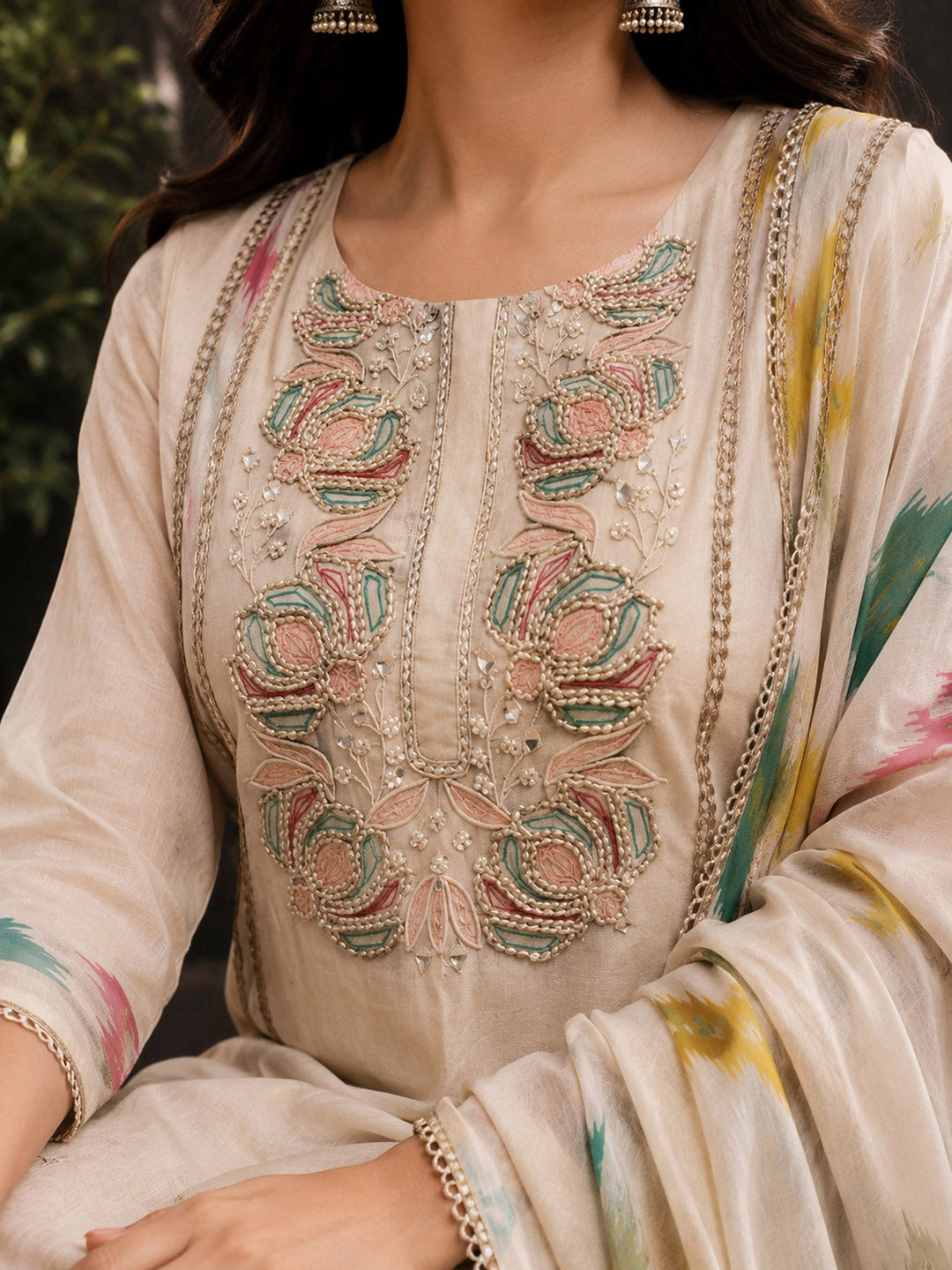 Beige Embroidery Cotton BlendKurta With Pant &amp; Dupatta