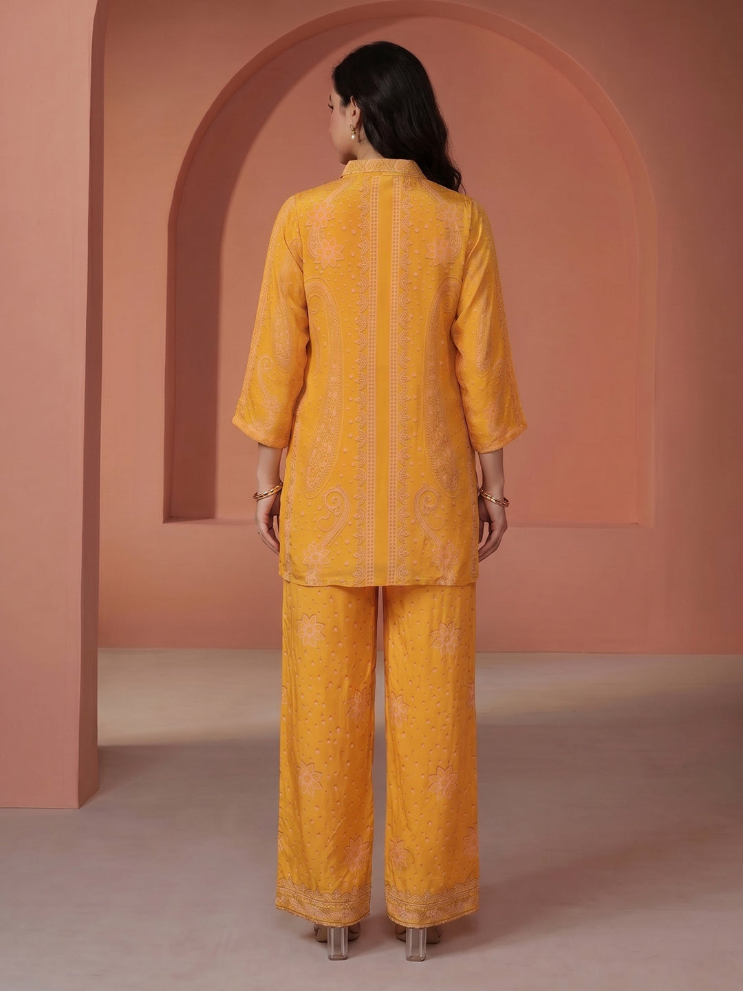 Mustard Printed Muslin V Neck Kurta Set