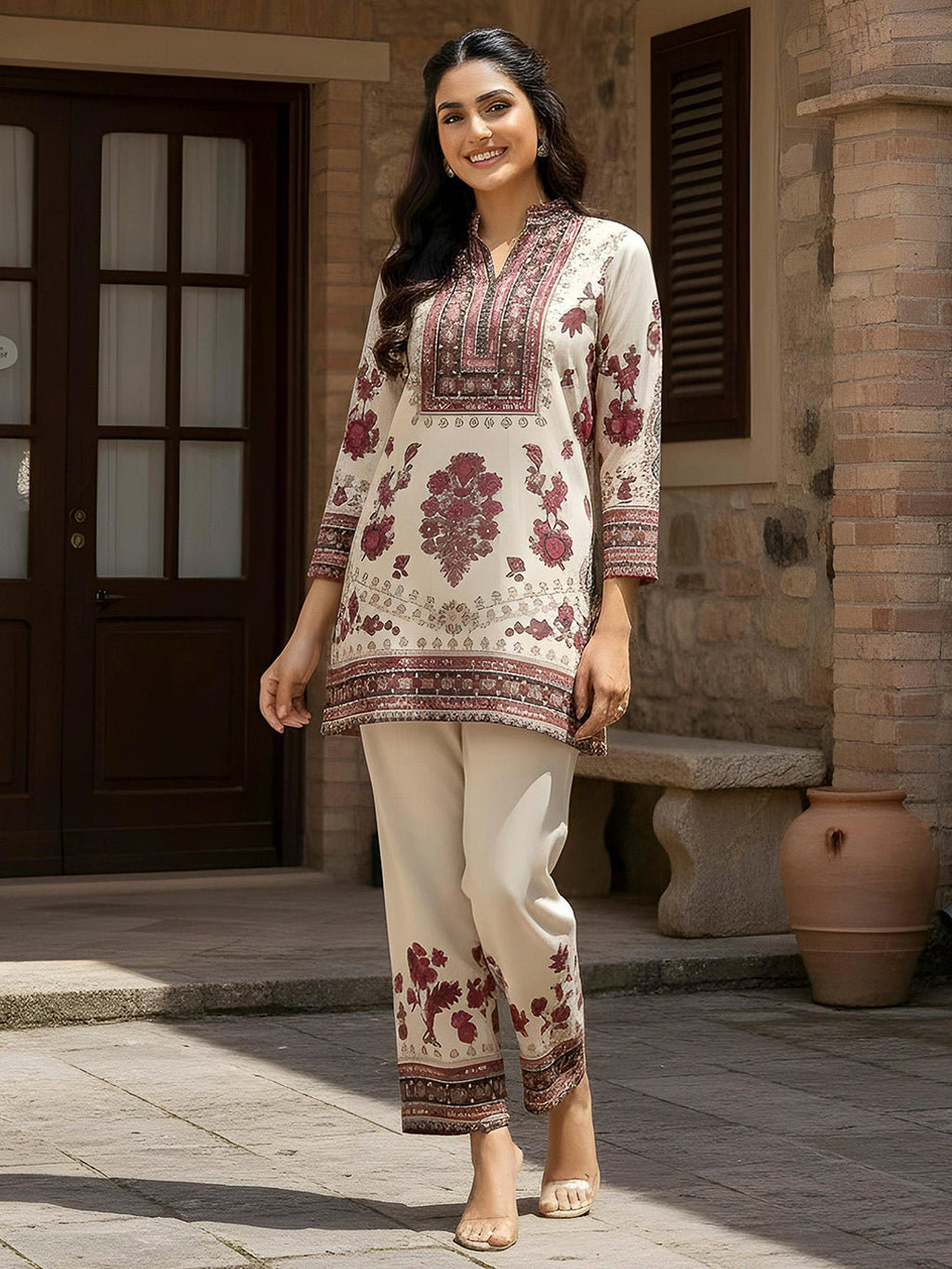 Cream Embroidered Art Silk Kurta With Pant