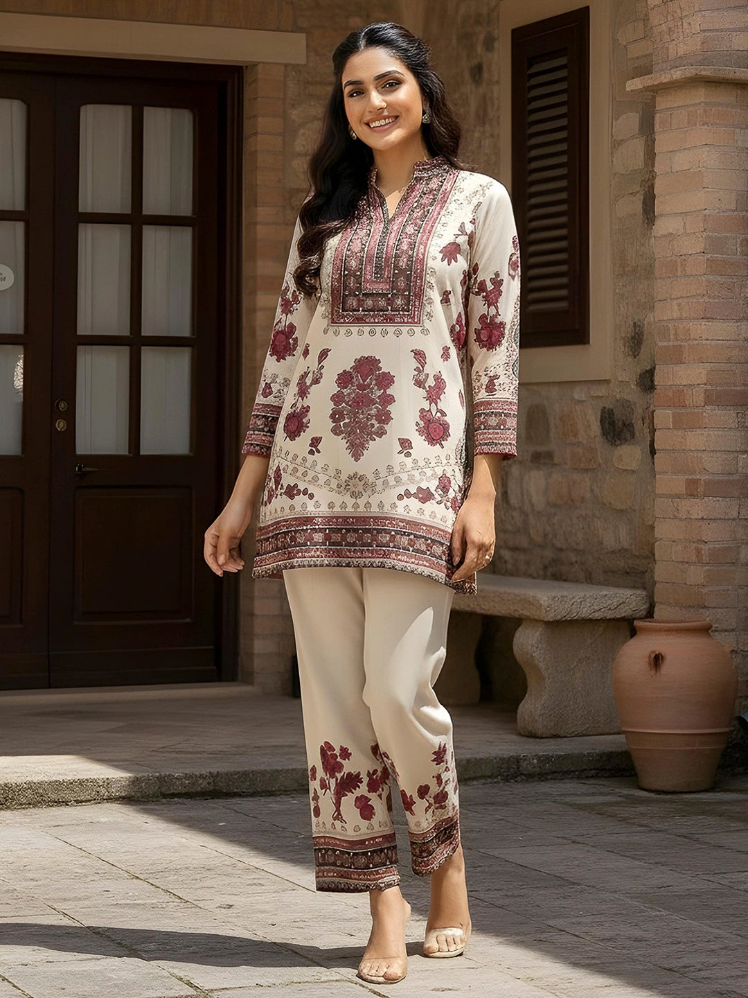 Cream Embroidered Art Silk Kurta With Pant