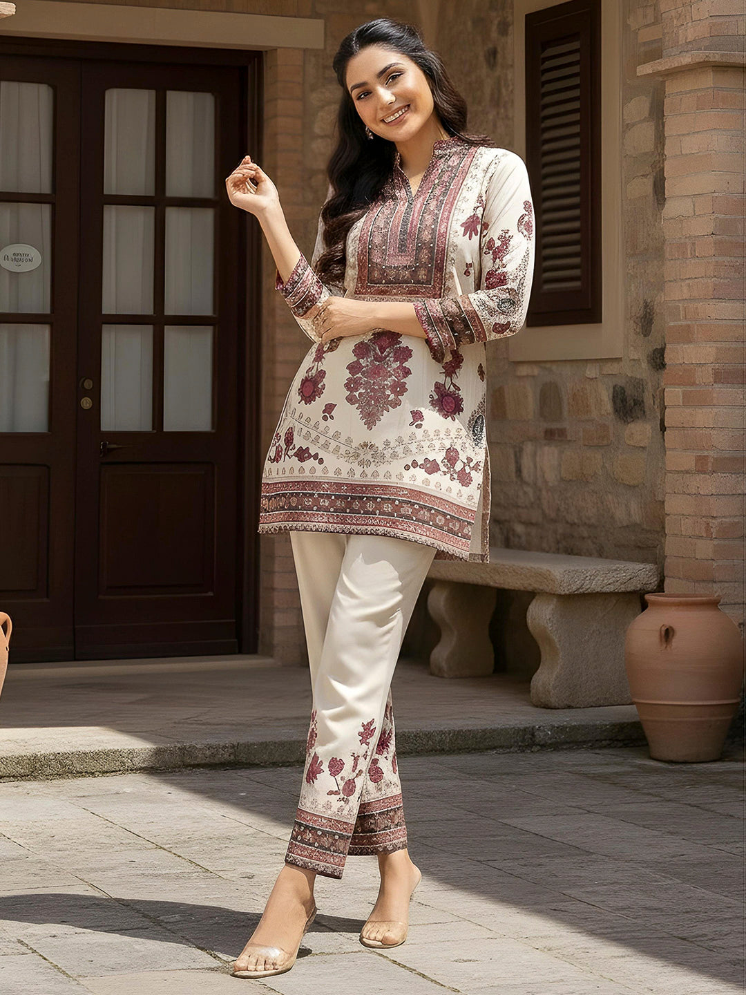 Cream Embroidered Art Silk Kurta With Pant