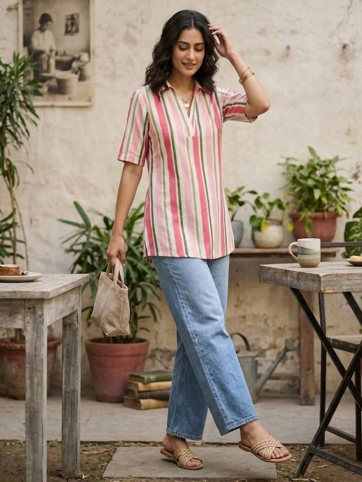 Pink Cotton Blend Printed Kurta
