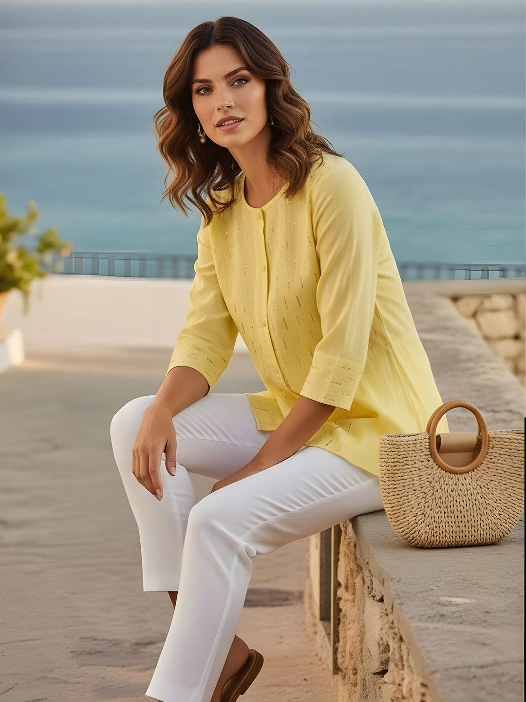 Yellow Cotton Blend Printed Kurta