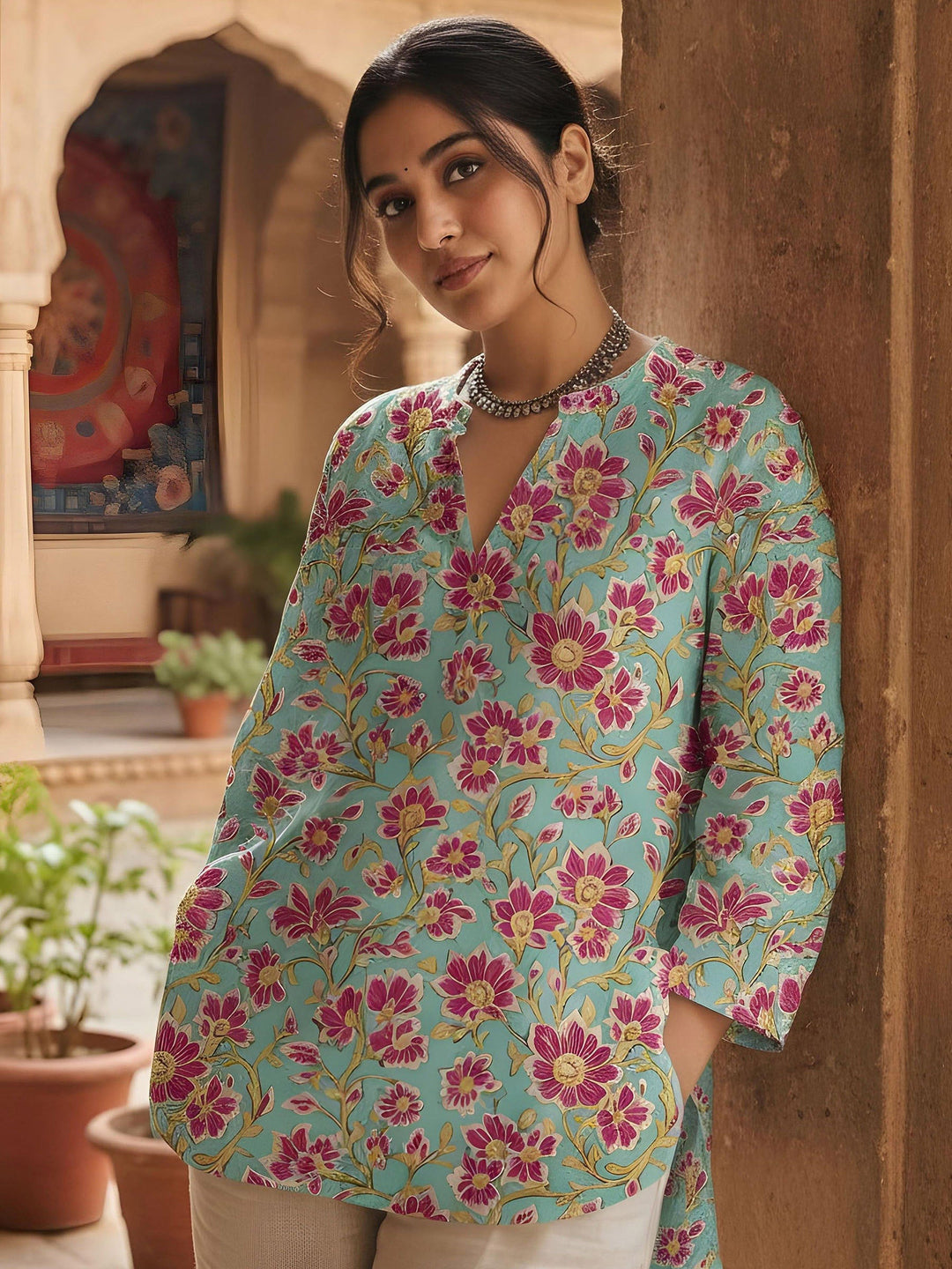 Blue Cotton Blend Printed Kurta