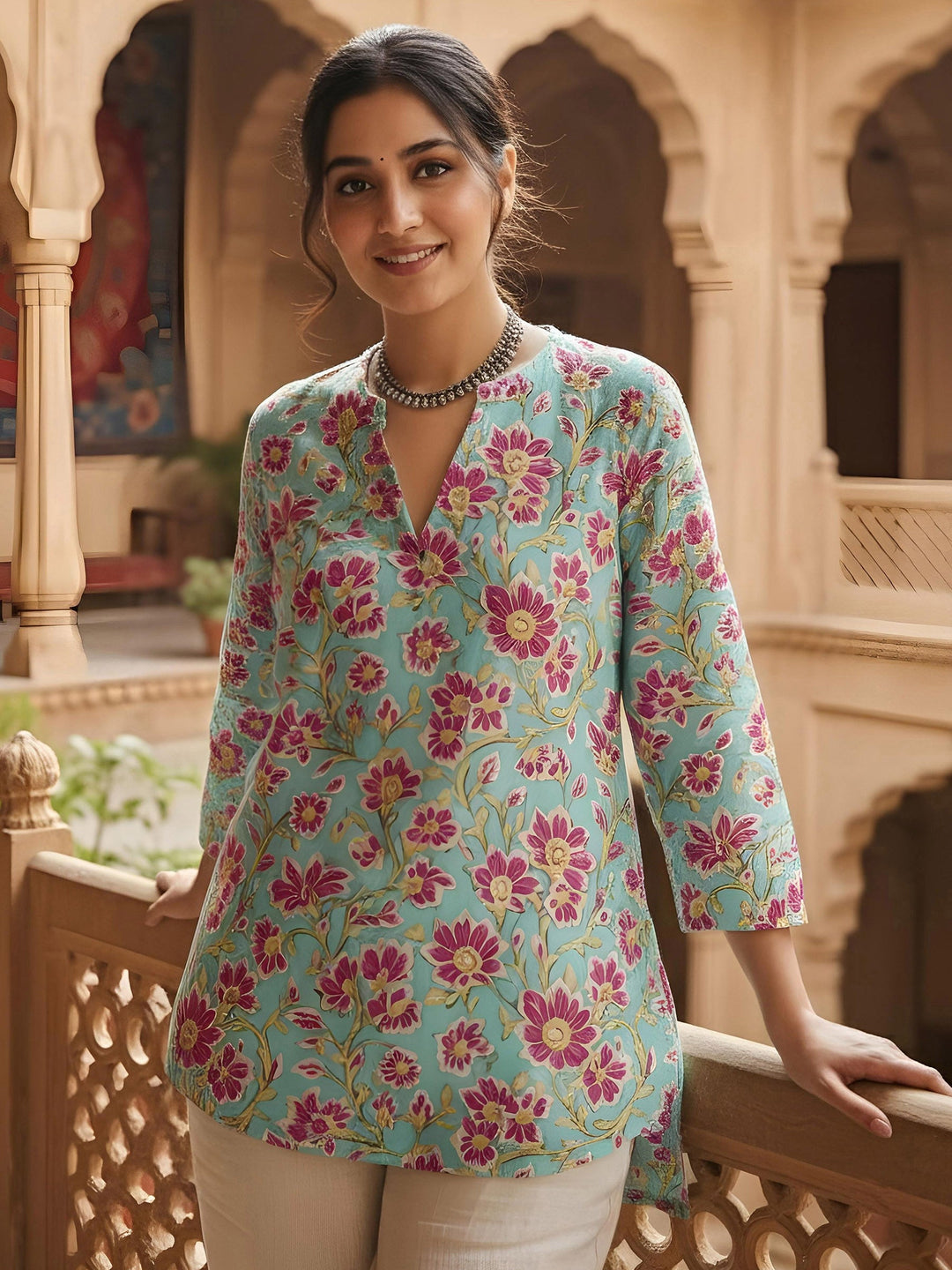Blue Cotton Blend Printed Kurta