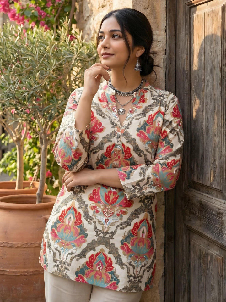 Cream Cotton Blend Printed Kurta