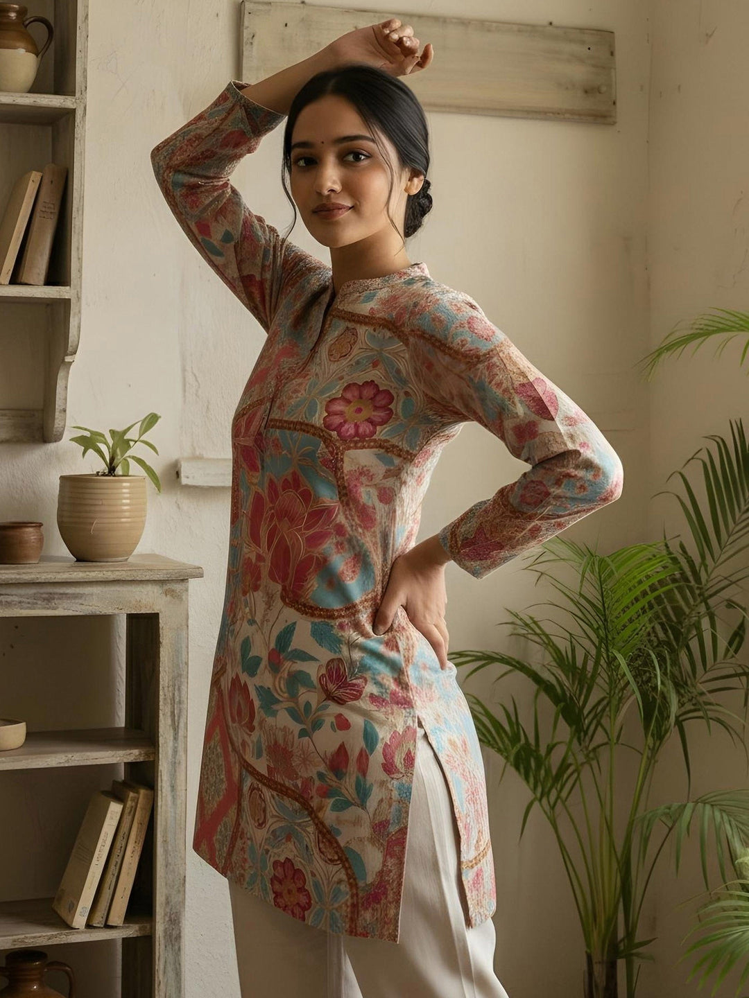 Pink Cotton Blend Printed Kurta