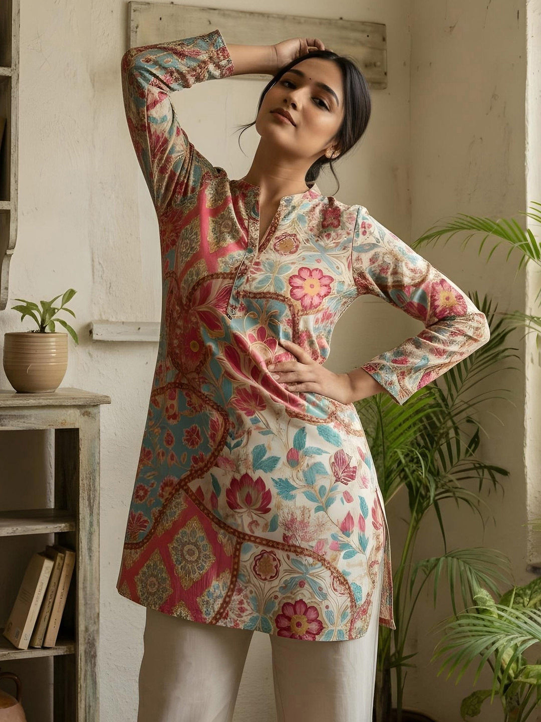 Pink Cotton Blend Printed Kurta