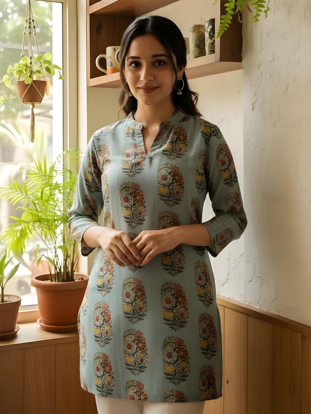 Blue Cotton Blend Printed Kurta