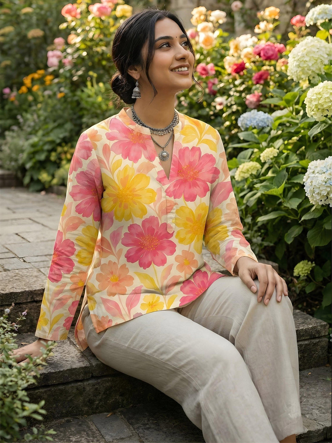 Pink Cotton Blend Printed Kurta
