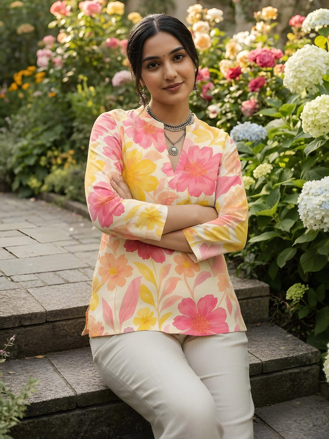 Pink Cotton Blend Printed Kurta