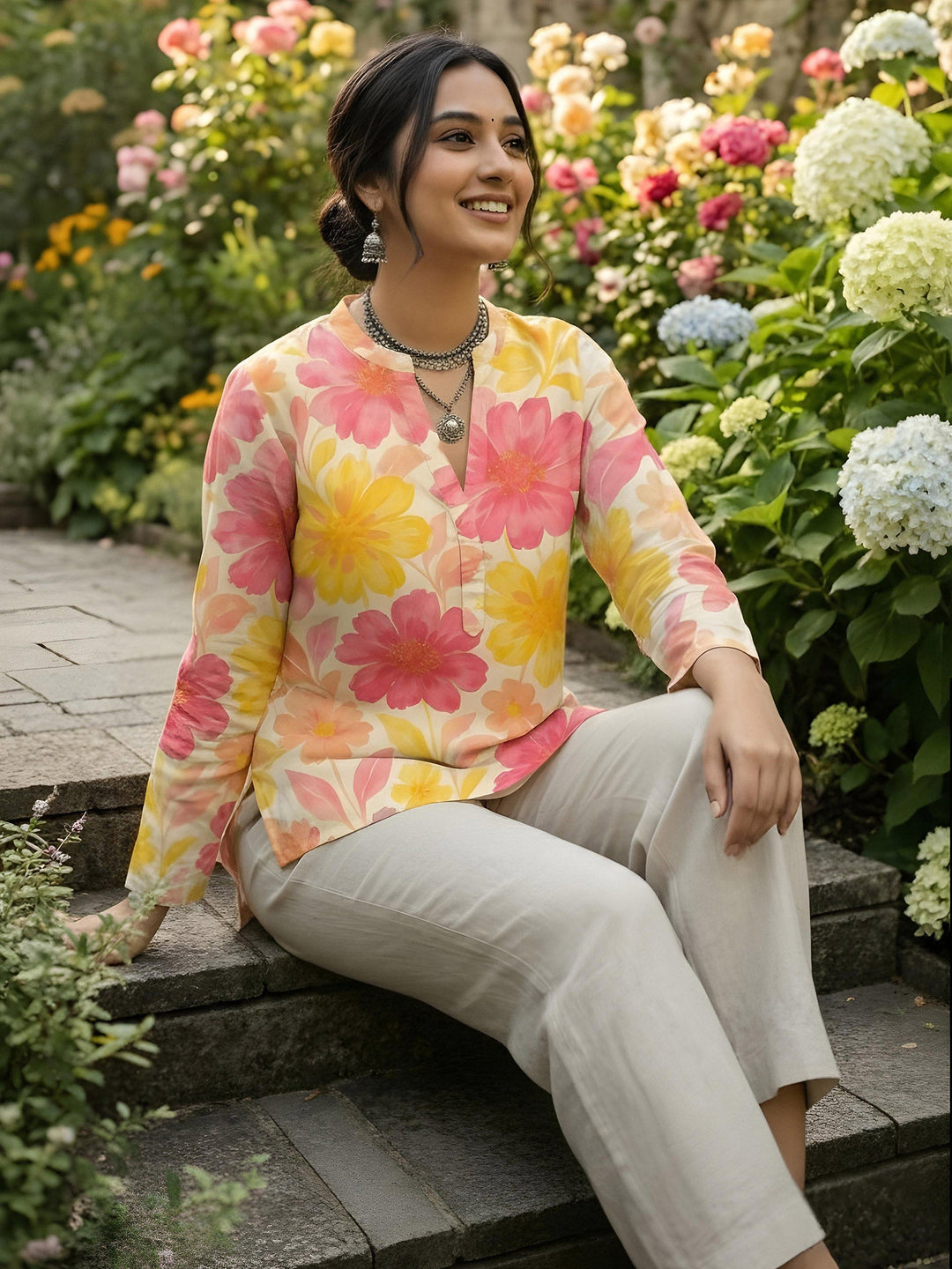 Pink Cotton Blend Printed Kurta