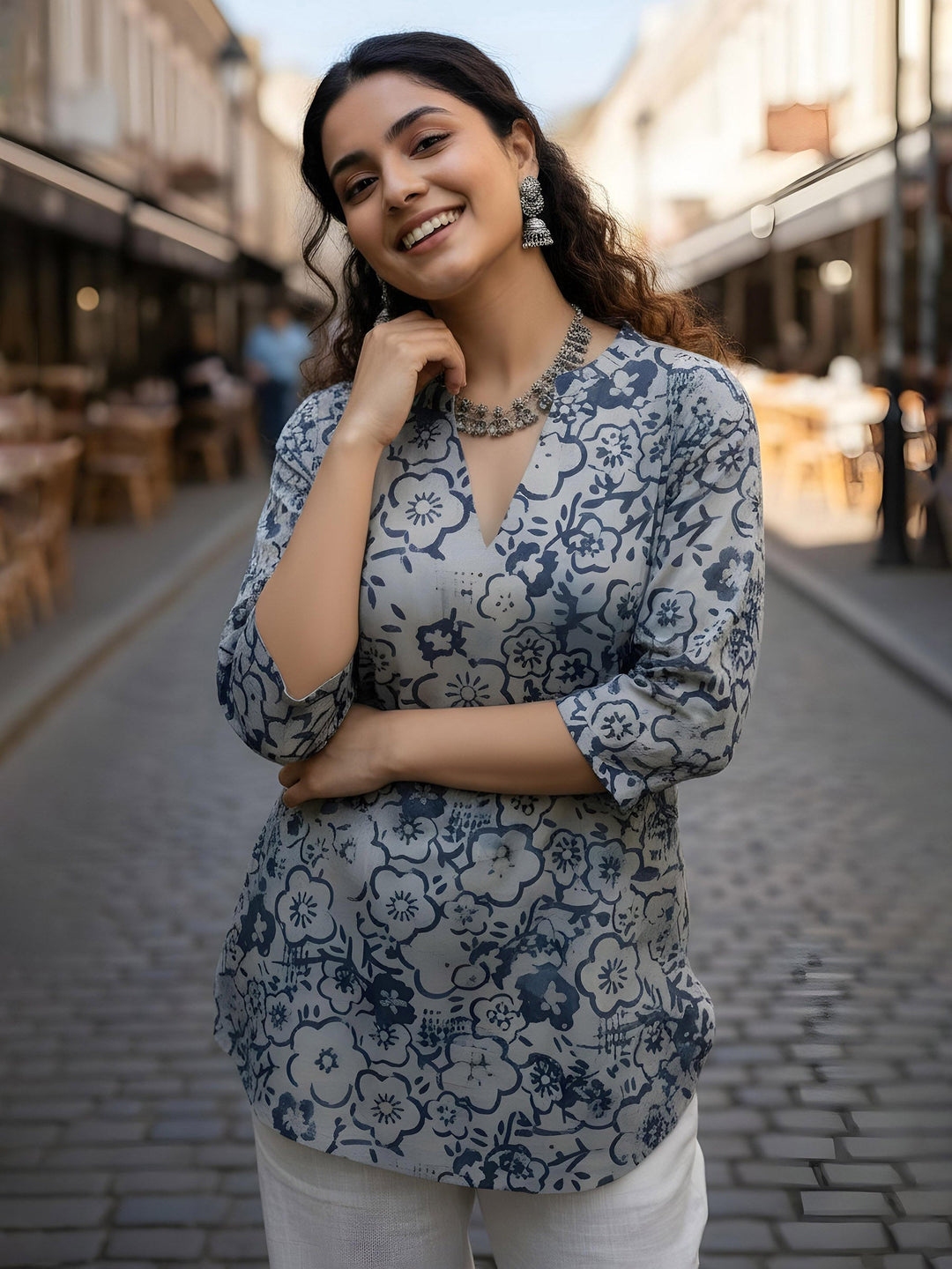 Blue Cotton Blend Printed Kurta