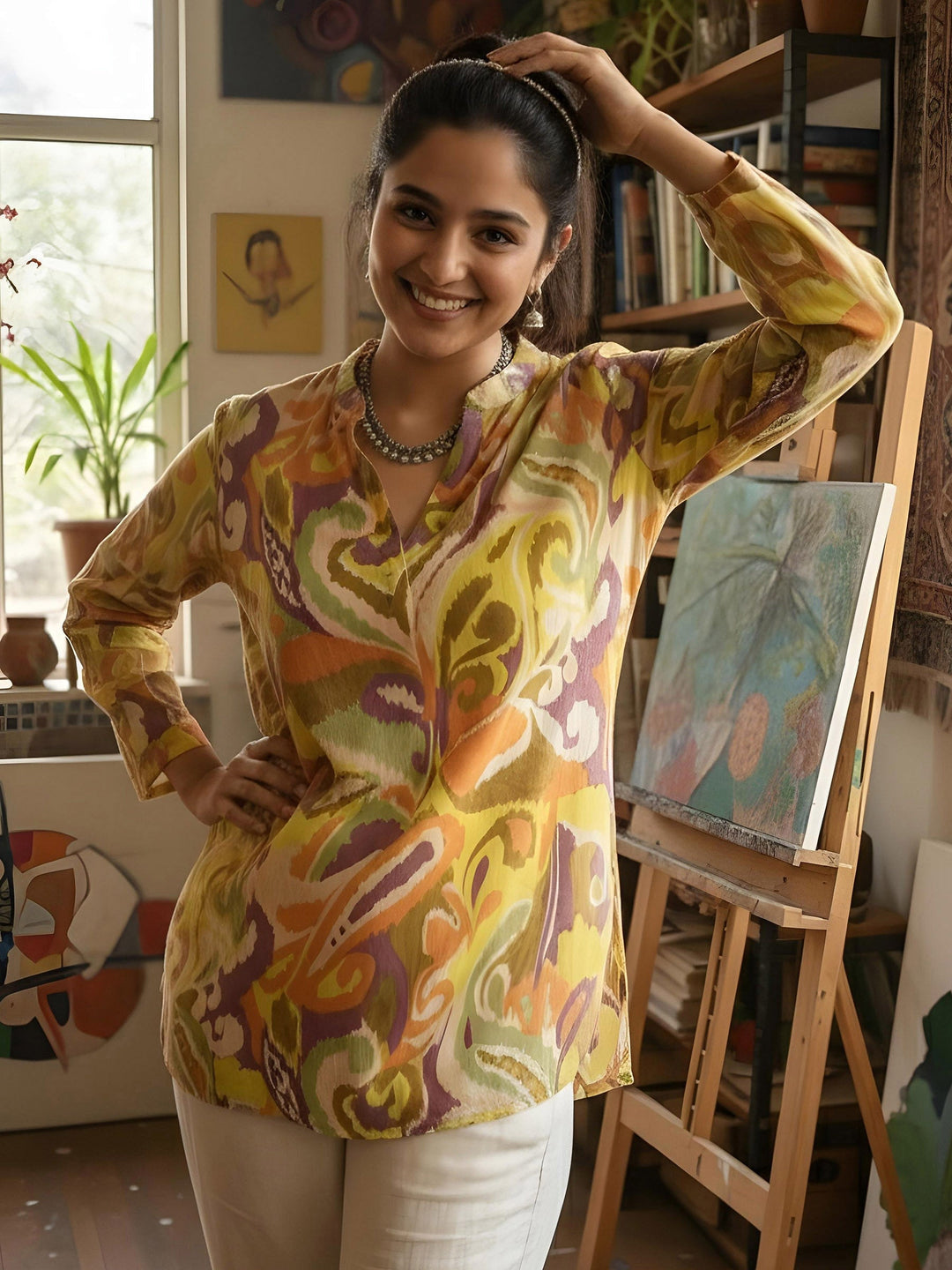 Yellow Cotton Blend Printed Kurta