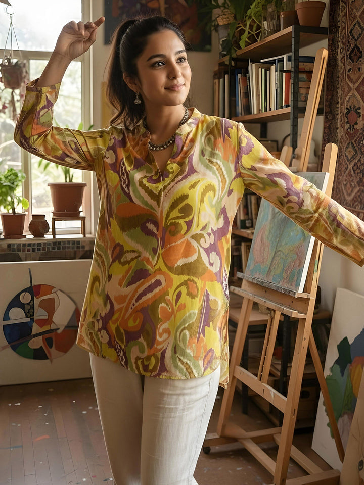 Yellow Cotton Blend Printed Kurta