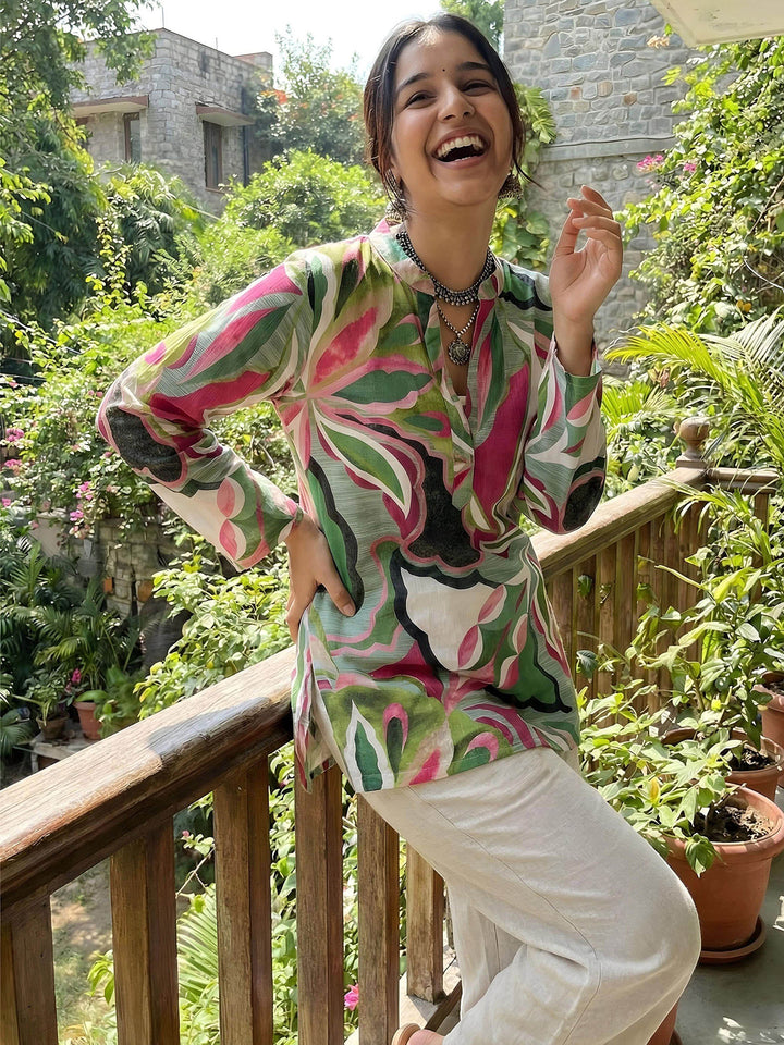 Green Cotton Blend Printed Kurta
