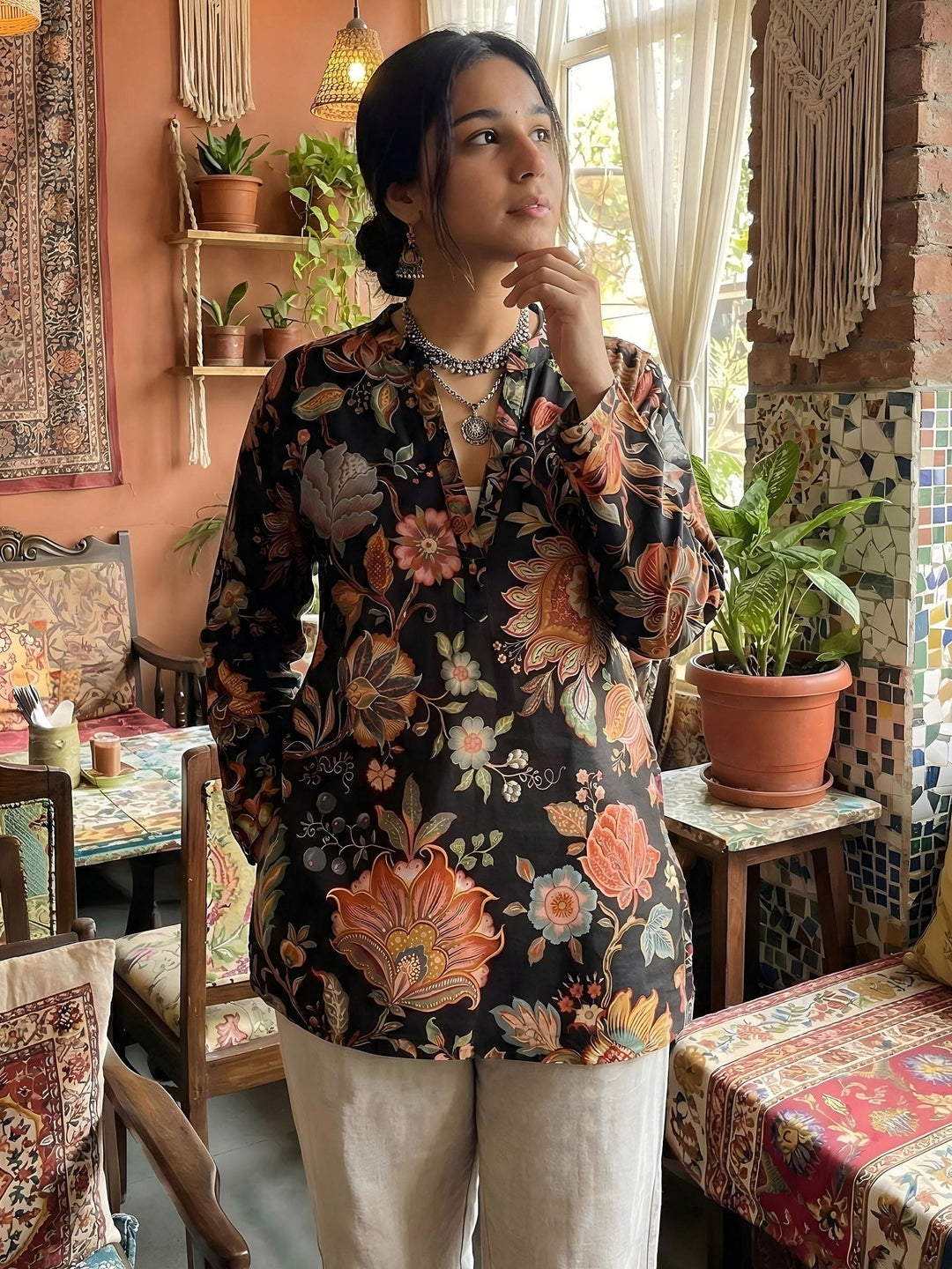Black Cotton Blend Printed Kurta