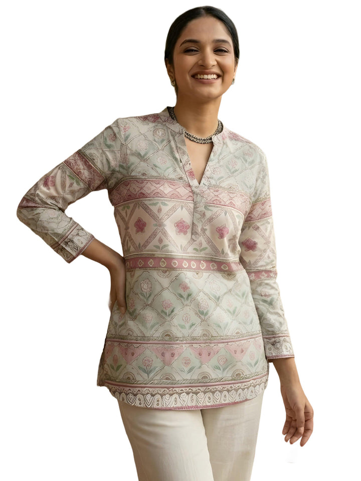 Cream Cotton Blend Printed Kurta