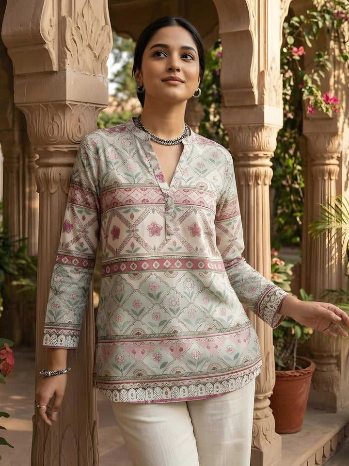 Cream Cotton Blend Printed Kurta
