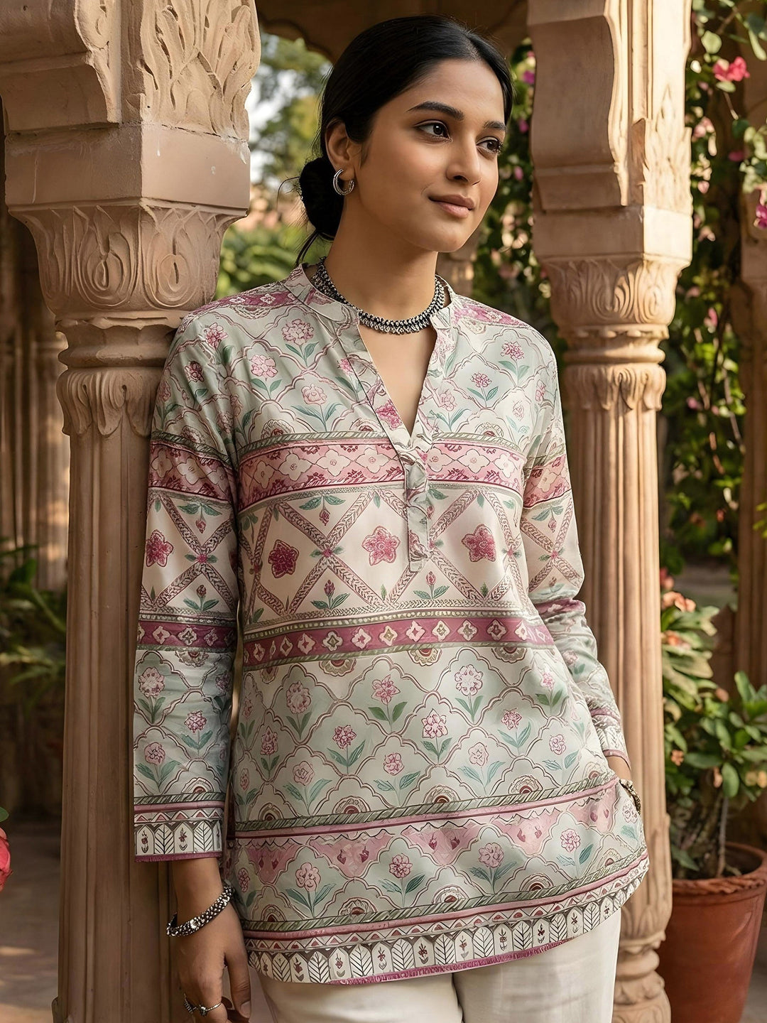 Cream Cotton Blend Printed Kurta