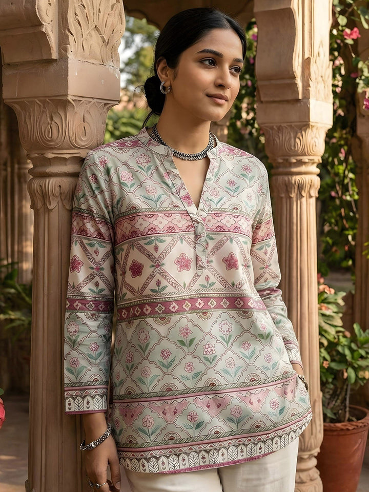 Cream Cotton Blend Printed Kurta
