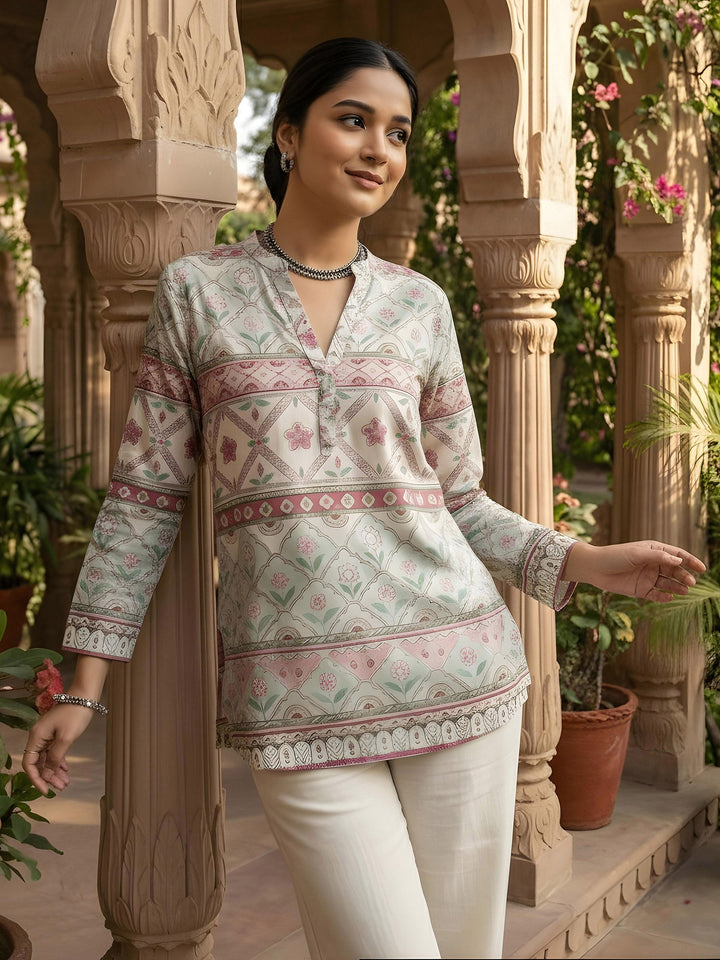 Cream Cotton Blend Printed Kurta