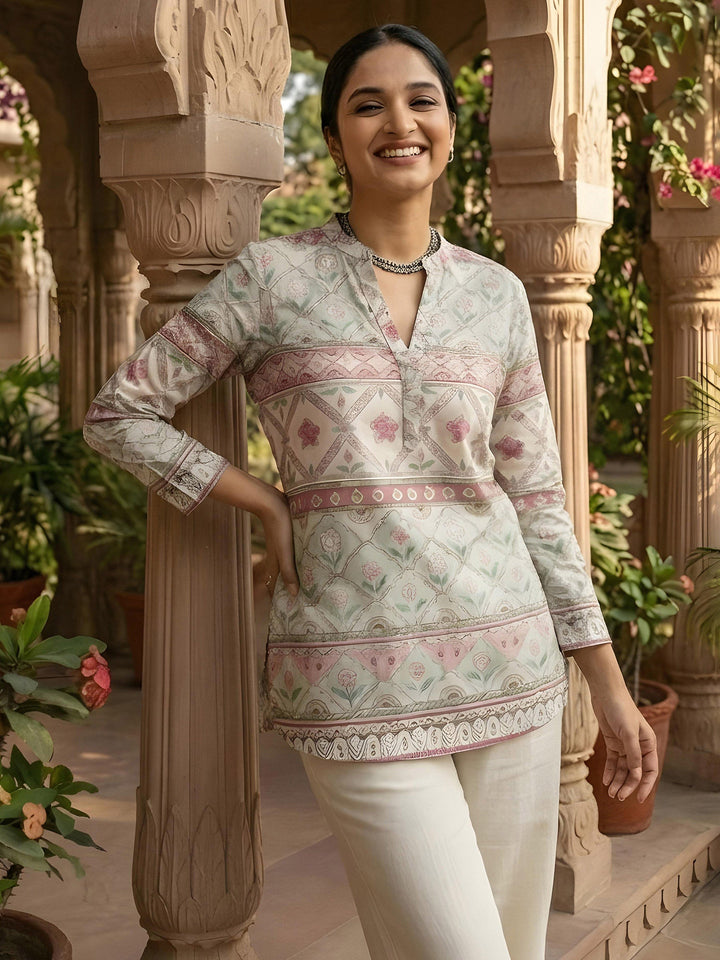 Cream Cotton Blend Printed Kurta