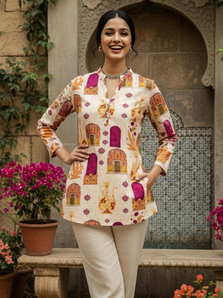 Cream Cotton Blend Printed Kurta
