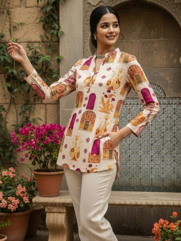 Cream Cotton Blend Printed Kurta