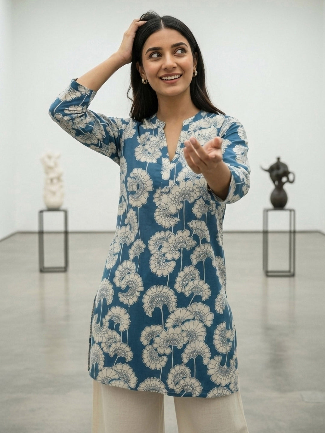 Blue Cotton Blend Printed Kurta
