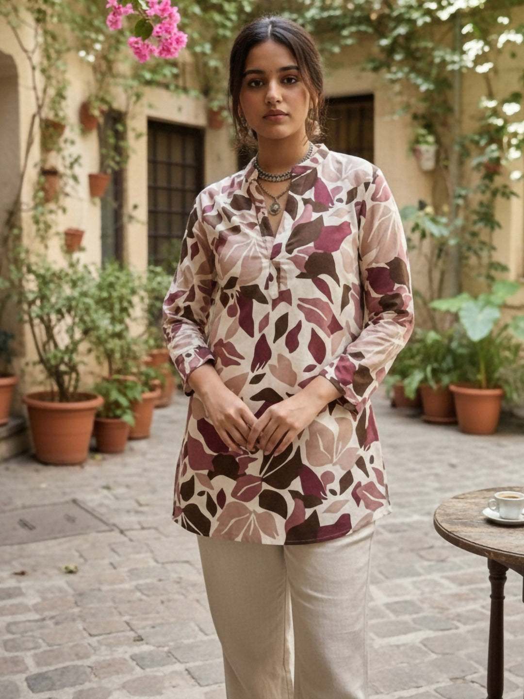 Wine Cotton Blend Printed Kurta