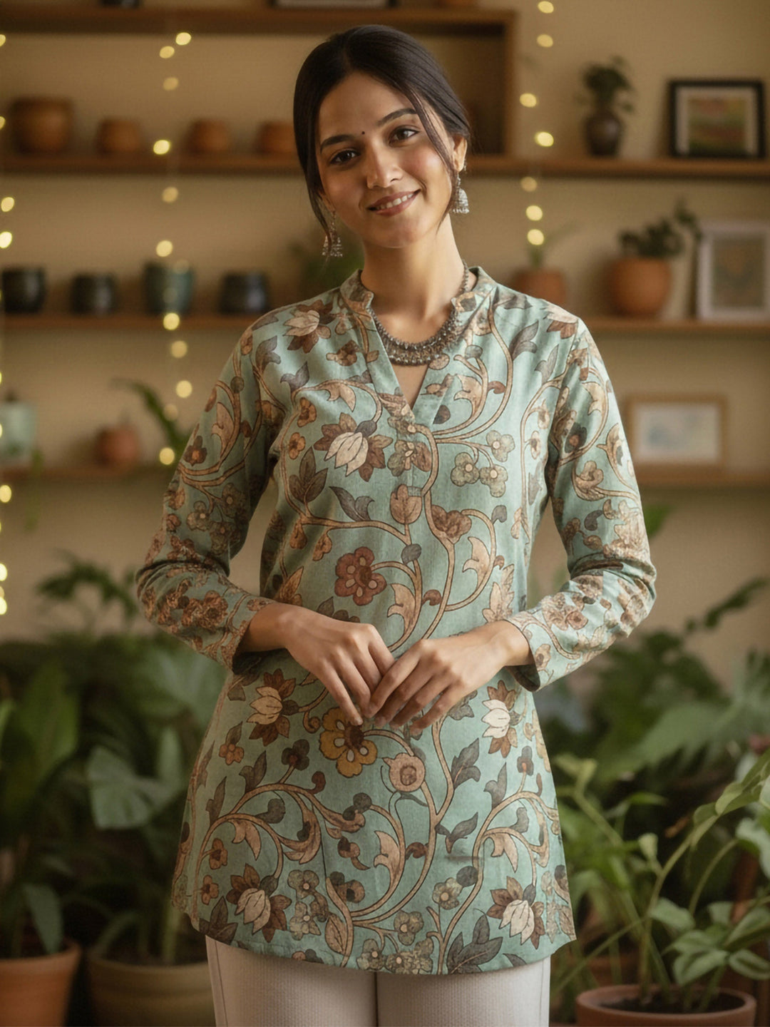Green Cotton Blend Printed Kurta