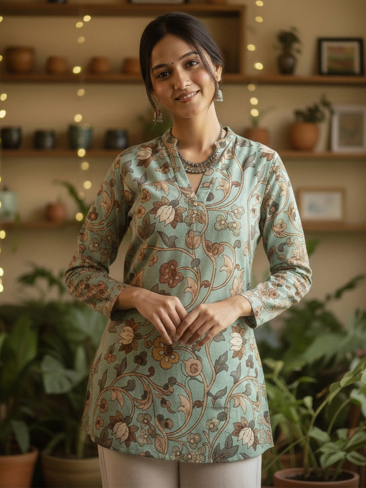 Green Cotton Blend Printed Kurta